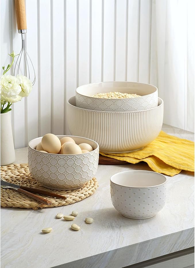 Mikiegy Ceramic Mixing Bowls Set of 4, Nesting Ceramic Embossment Stoneware Mixing Bowls for Cooking, Serving, Popcorn, Salad etc, Microwave & Dishwasher Safe, 20/44/98/145 oz, Off-White