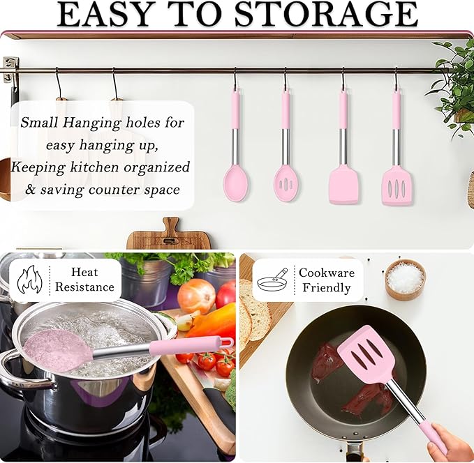 TeamFar Kitchen Utensils, 4 PCS Silicone Cooking Utensils Spatula Spoon Set with Stainless Steel Handle, for Frying Mixing Draining Turning, Healthy & Heat-proof, Non-stick & Dishwasher Safe - Pink