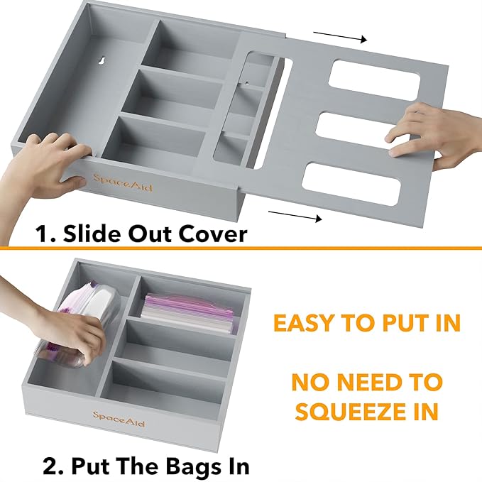 SpaceAid Bag Storage Organizer for Kitchen Drawer, Bamboo Organizer, Compatible with Gallon, Quart, Sandwich and Snack Variety Size Bag (1 Box 4 Slots), Gray