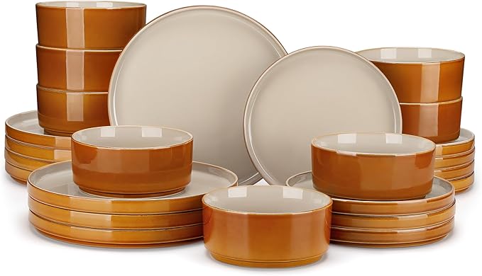 vancasso ONION Ceramic Plates and Bowls Sets, 24 Pieces Grey Dinnerware Sets for Kitchen, Reactive Glaze Dishes Set for 8, Dishwasher and Microwave Safe