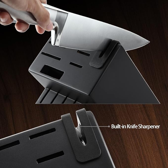Marco Almond® Knife Set with Block KYA28, 14 Pieces Stainless Steel Chef Cutlery Kitchen Knives Block Set with Built-in Sharpener
