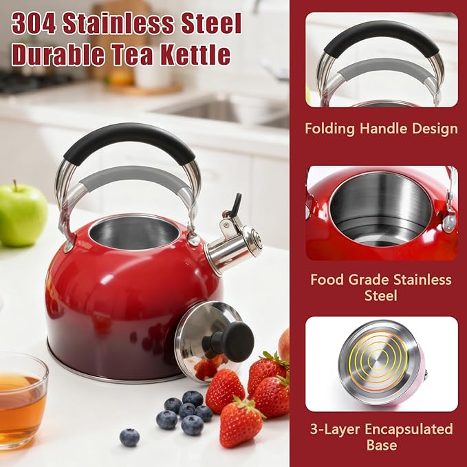 Tea Kettle Stovetop,Stainless Steel Whistling Tea Kettle For Stove Top, 2.5 Qt Tea Pot With Folding Handle, Food Grade Water Teapot Water Kettle For Stove Home Camping Travel,Gradient Red