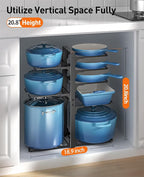 ORDORA Pots and Pans Organizer: under Cabinet, 20.8" Height Heavy Duty 120LBS Pots Pans Organizer Rack for under Cabinet 8-Tier Adjustable for Big Stockpots, Dutch Oven, Cast-iron Pans, Heavy Cookware