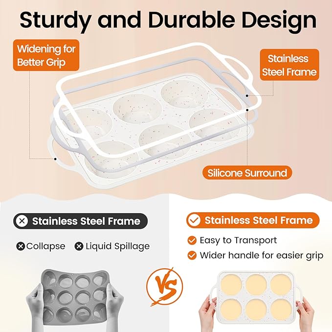 Silicone Jumbo Muffin Pan with Metal Frame, Non Stick Food Grade Silicone Large Muffin Pan Set of 2, with Handles 6 Cup,BPA-Free and Dishwasher Safe, Jumbo Cupcake Pans