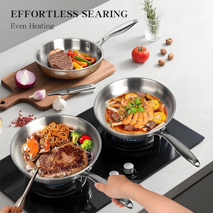 EWFEN Stainless Steel Cookware Set, 3 Ply 17 Piece Stainless Steel Pot and Pan Set, Oven Dishwasher Safe | Induction Compatible Frying Pans, Saucepans, Saute Pan & Stock Pot, PFOA, PTFE & PFOS Free
