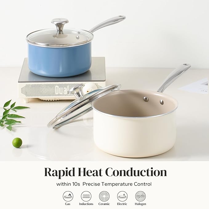 Redchef Nonstick Ceramic Sauce Pan With Lid, 3.5QT Small Cooking Pot with Stay-Cool Handle, Kitchen Non Toxic Soup Pot, PTFE & PFOA Free, Oven & Dishwasher Safe, Compatible with All Stovetops-Blue
