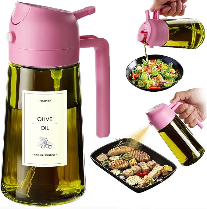 TrendPlain - Original 16oz/470ml Olive Oil Dispenser Bottle for Kitchen Gadgets and Air Fryer Accessories - Olive Oil Sprayer for Cooking w/Stickers - Bubblegum