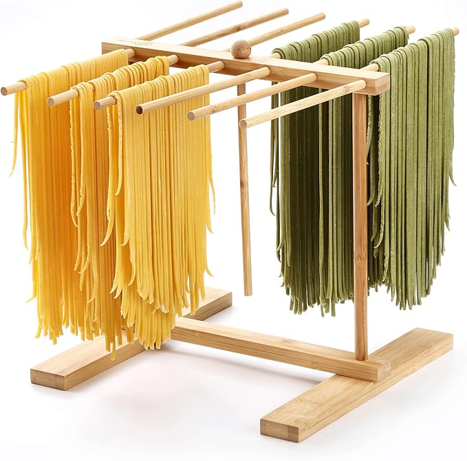 Bamboo Pasta Drying Rack with Transfer Wand and 12 Bars, Easy to Transfer for Drying Pasta and Cooking, Special Suspension Design for Large Storage