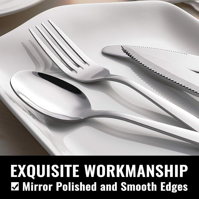 Hiware 24-Piece Silverware Set with Steak Knives, Stainless Steel Flatware Cutlery, Mirror Polished Flatware Serving Utensils Set for 4, Includes Forks Spoons Knives Silverware, Dishwasher Safe