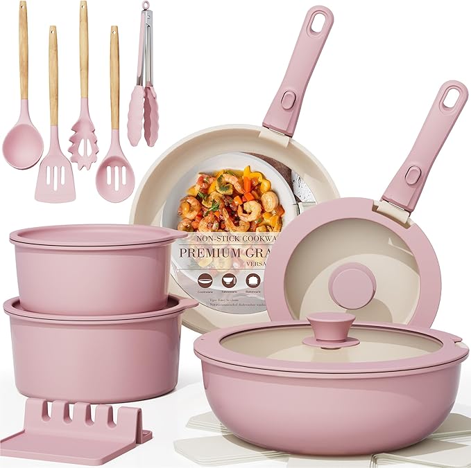 Astercook 21 Pcs Pots and Pans Non Stick Ceramic Cookware Set, Detachable Handles, RV Kitchen Cooking Set, Oven Safe, Induction Ready, Stackable, Pink