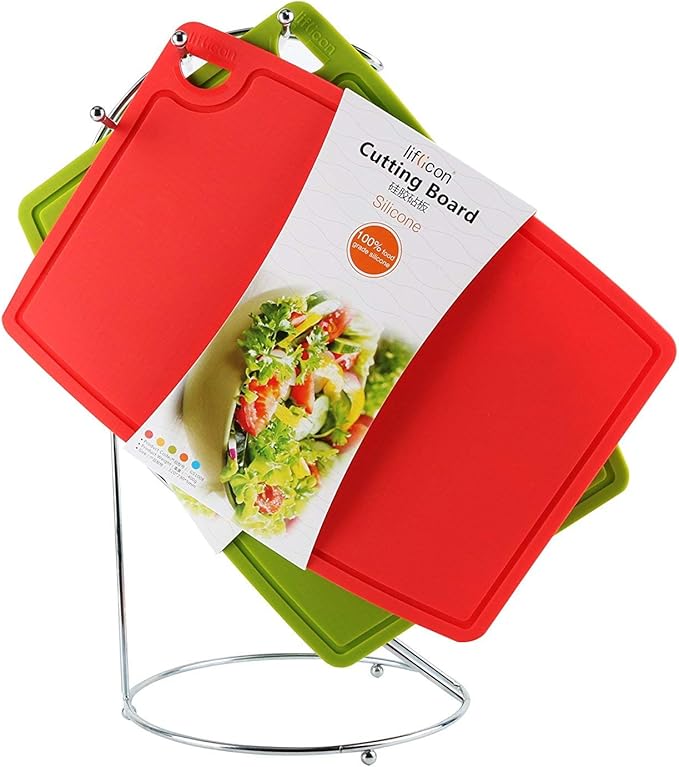Liflicon Thick Cutting Boards for Kitchen Silicone Chopping Board Set of 2 Mid 12.6'' x 9.1”,Mini 9.1”x7.1” Non-slip Deep Drip Juice Groove Easy Grip Handle,Dishwasher Safe-Red