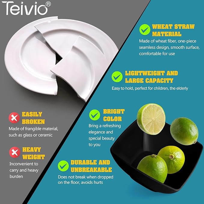 Teivio 32-piece Plastic Wheat Straw Square Dinnerware Set for 8, Unbreakable Dinner Plates, Salad Plates, Snack Bowls, Tumblers, Dishwasher Safe, Black