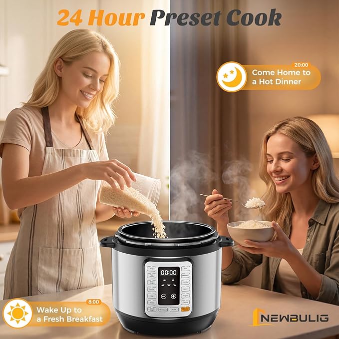 NEWBULIG 16-in-1 Electric Pressure Cooker, 8QT Multi Cooker with 12 Presets, Slow Cook Rice Steamer Sauté Soup Meat Stew Canning Yogurt Maker, Ceramic Inner Pot & Recipe Book Included, Silver