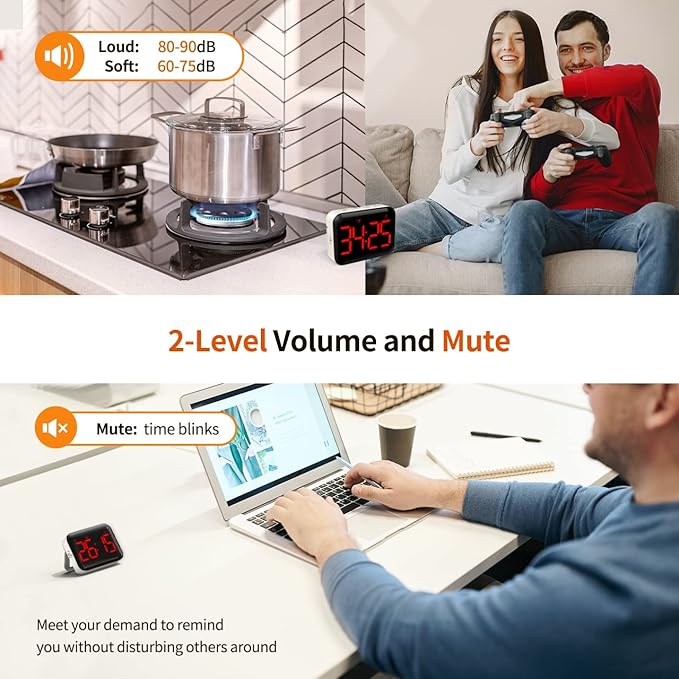 VOCOO Magnetic Kitchen Timer for Cooking with Count Up Countdown, Digital Timer Battery Powered with Large Display, 2 Brightness and Volume Levels for Classroom, Teacher, Kids (Red)