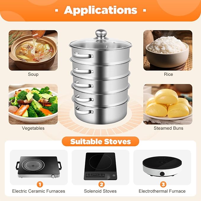 5-Tier Stainless Steel Steamer, 10.2 Inch Commercial Multi Tier Stainless Steel Cookware Pot Vegetable Meat Steamer Cooker Set w/Glass Lid for Steaming Shrimp & Miscellaneous Grains