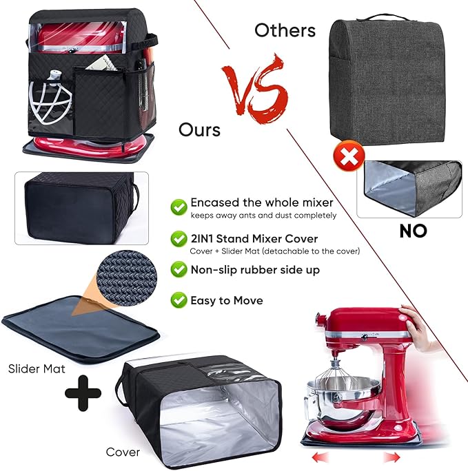 BAGSPRITE Stand Mixer Cover with Detachable Appliance Sliders Base Compatible with KitchenAid Mixer-Storage Bag for 4.5/5 Quart with Pockets for Kitchen Aid Accessories and Attachments