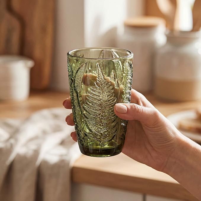 Green Drinking Glasses Set of 4, 12 oz Hand-Pressed Vintage Drinking Glasses, Deep Textured Antique Glassware, Fern Embossed Highball Tumblers, Colored Boho Glass Cups, Retro Style Drinkware Gift Set