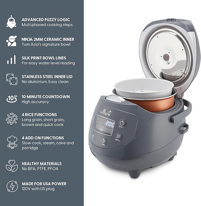 Yum Asia Panda Mini Rice Cooker With Ninja Ceramic Bowl and Advanced Fuzzy Logic (3.5 cup, 0.63 litre) 4 Rice Cooking Functions, 4 Multicooker functions, Digital LED display - 120V