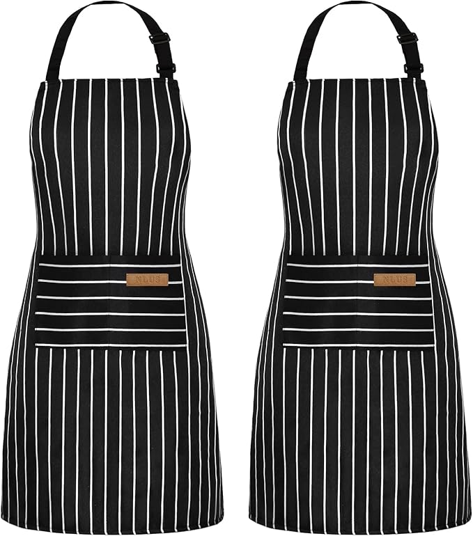 NLUS 2 Pack Cooking Aprons for Women with Pockets Adjustable Kitchen Bib Aprons for Women Men Chef, Black/White Stripe (Classic Black/White Stripes)
