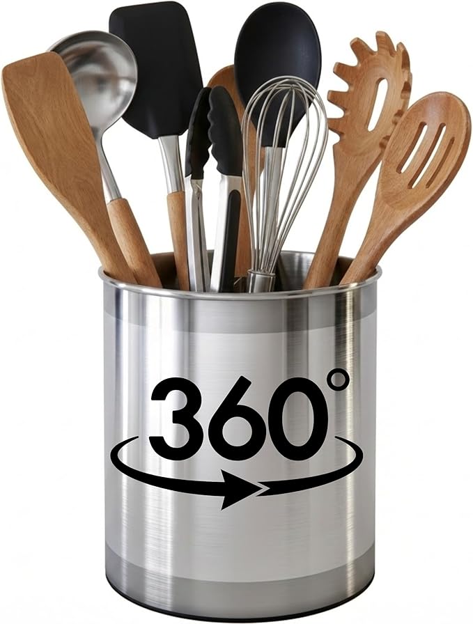 Cooler Kitchen Rotating Extra Large Stainless Steel Utensil Holder Caddy with Sturdy No-Tip Weighted Base, Removable Divider, and Gripped Insert Bottom -Dishwasher Safe Metal Cooking Utensil Holder