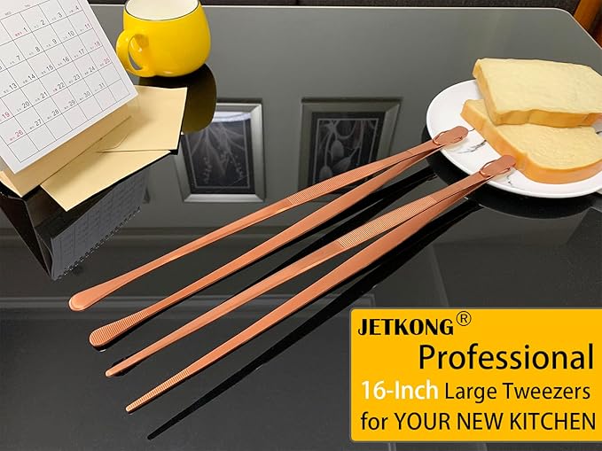 JETKONG 2 Pcs 16-Inch Extra-Large Kitchen Tweezers and Tongs - Giant Stainless Steel Food Tweezers - Rose Gold
