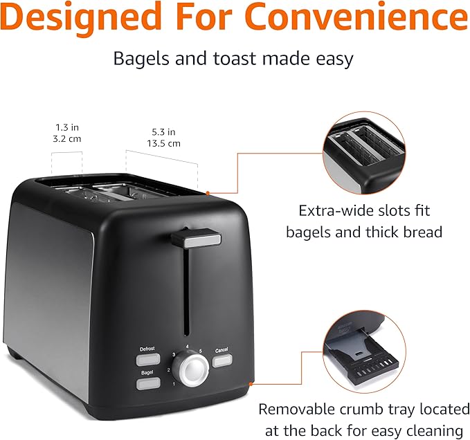 Amazon Basics 2 Slice Toaster, With 7 Browning Settings, Extra Wide Slots For Bagels and Special Breads, Removable Easy-to-Clean Crumb Trays, Cancel/Defrost/Bagel Buttons, 800W, Black & Silver