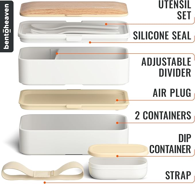 Bentoheaven Premium Bento Box Adult Lunch Box with Compartments for Women & Men, Set of Utensil & Chopsticks & Dip Container, Cute Japanese Kids Bento Lunch Box, Microwavable (Bright Light)