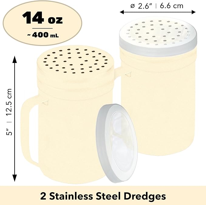 CUSINIUM 14oz Beige Stainless Steel Salt Pepper Dredge Shakers - With Plastic Cap - With Handle - Pack of 2