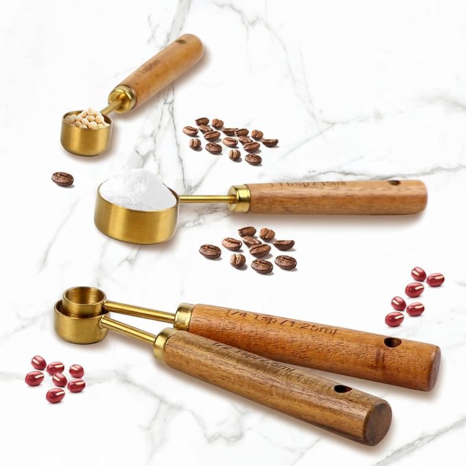 Gold Measuring Cups and Spoons Set of 4, Golden Stainless Steel Measuring Cups with Wooden Handles brass Measuring Spoons Set for Baking Supplies
