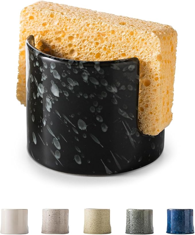 Sponge Holder for Kitchen, Ceramic Sink Caddy Scrub Sponge Rack Dish Rack Scrubbers Holder for Kitchen Sink, Bathroom, Black