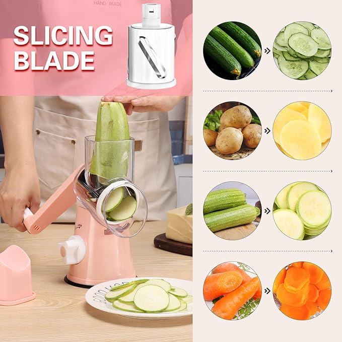 Cambom Rotary Cheese Grater Hand Crank Cheese Shredder for Fresh Cheese, Vegetable, Nuts,Non-slip Suction Base, Free Cleaning Brush Three Blades, Pink