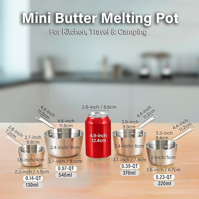 D&M Butter Warmer Set, 4-Piece Milk Frother and Chocolate Melting Pot, Multi-Ply Clad Stainless Steel Small Saucepan for Induction Stovetop, Coffee, Butter, Syrup, 0.14/0.23/0.39/0.57 Quart