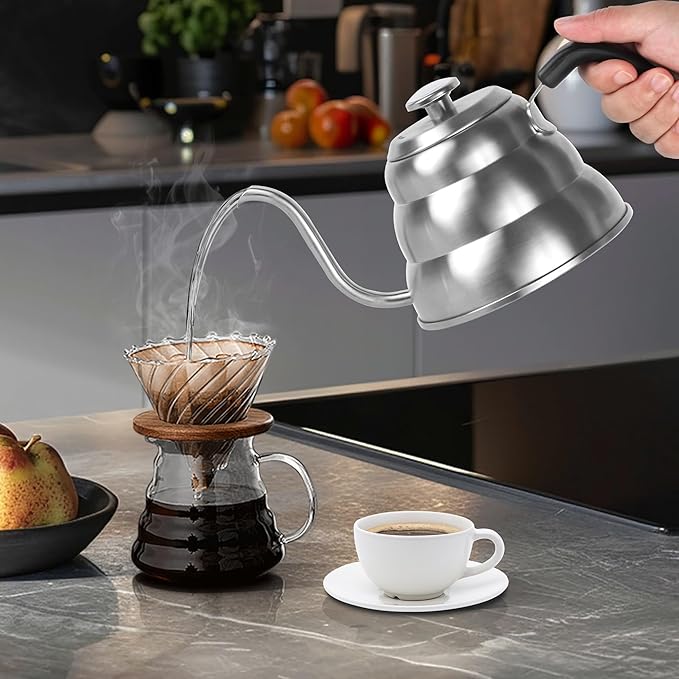 Pour Over Kettle for Manual Drip Coffee and Tea with Thermometer 28oz Gooseneck Kettle with Flow Control Stainless Steel Water Kettle for Stovetop,800ml,4 Cup,Silver,1Pack
