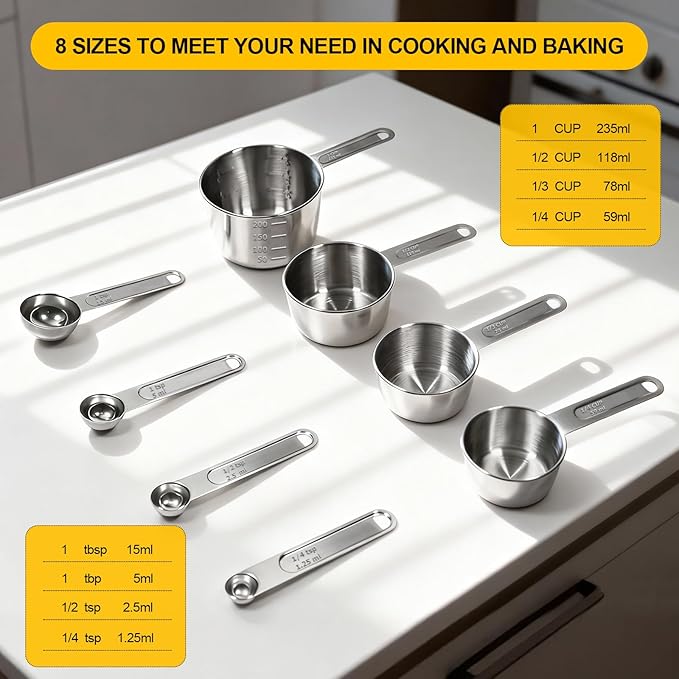 Stainless Steel Measuring Cups and Spoons Set, 8 PCS Long Handle Measure Cups and Spoons Premium Stackable Measuring Cups for Kitchen Cooking & Baking, Dry & Liquid Dishwasher Safe