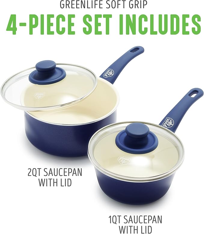 GreenLife Soft Grip 1QT and 2QT Saucepan Set, Healthy Ceramic Nonstick, Non Toxic PFAS & PFOA-Free, Dishwasher Safe, Glass Lids, Stay-Cool Handles, Easy Clean Cookware, Kitchen Essentials, Blue