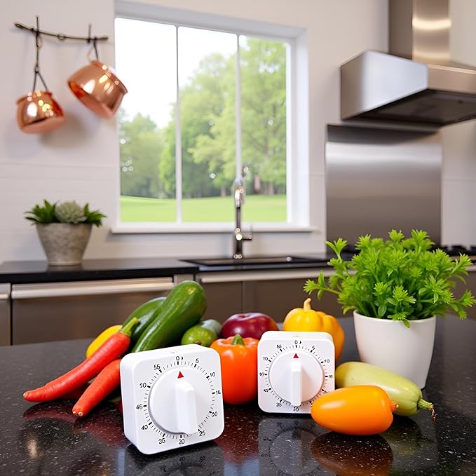 White Timer, 60 Minutes Kitchen Cook Square Timer Mechanical Countdown Alarm Clock Reminder, Thermometers and Timers