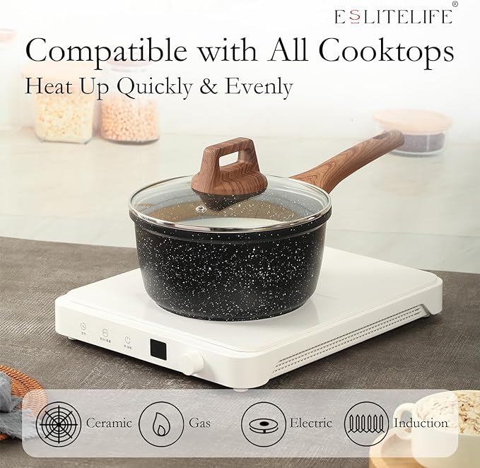 ESLITE LIFE Nonstick Sauce Pan with Lid, 1.5 QT Small Soup Pot Compatible with All Stovetops (Gas, Electric & Induction), PFOA Free, Black