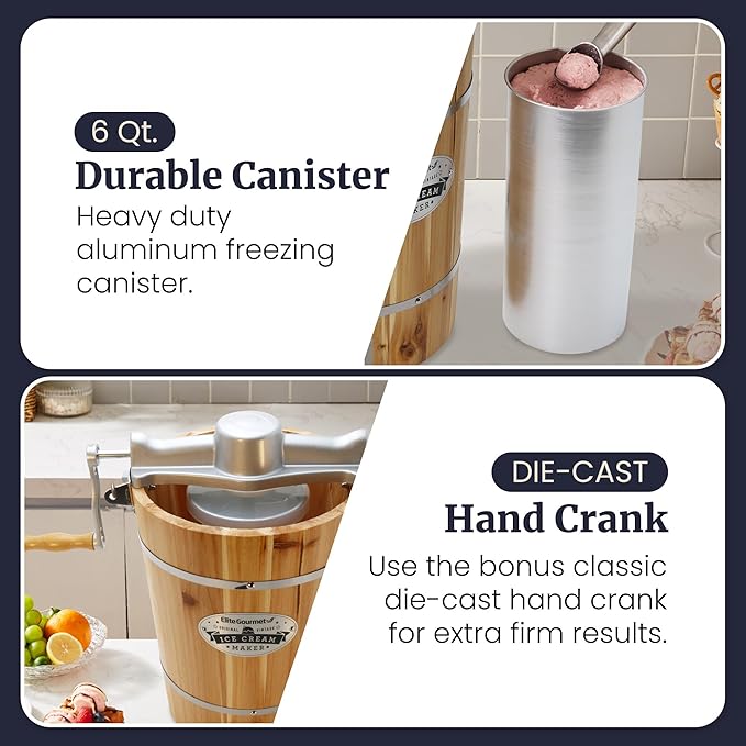 Elite Gourmet EIM916 Old Fashioned 6 Quart Vintage Wood Bucket Electric Ice Cream Maker Machine Appalachian, Bonus Classic Die-Cast Hand Crank for Churning, Uses Ice and Rock Salt