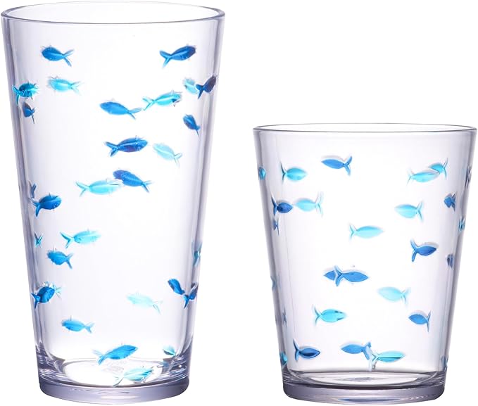 KLIFA- CHARLESTON- 16.5 & 19 oz, Set of 8, Acrylic Fishing Highball, School of Fish Drinking Glasses, BPA-Free, Stackable Plastic Drinkware, Dishwasher Safe Cups, Dark and Light Blue Printing