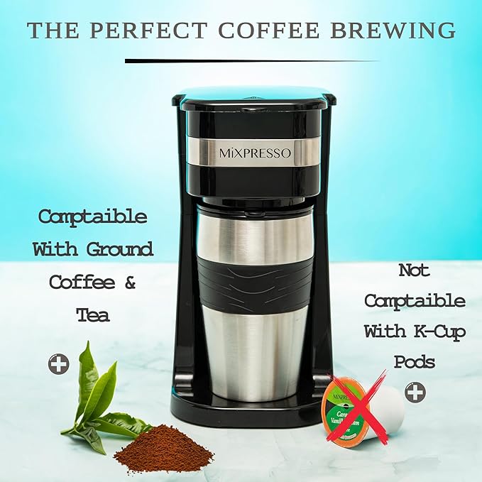 Mixpresso Black Personal Single Serve Coffee Maker with 14oz Travel Mug, Drip Small Coffee Maker with Auto Shut Off, Reusable Filter, Works with Ground Coffee Only – Not for K-Cup Pods