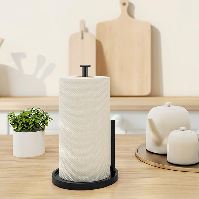 Paper Towel Holder Countertop, Standing Paper Roll Holder with Anti Slip Weighted Base, Stainless Steel Freestanding Paper Towel Holder for Kitchen, Black