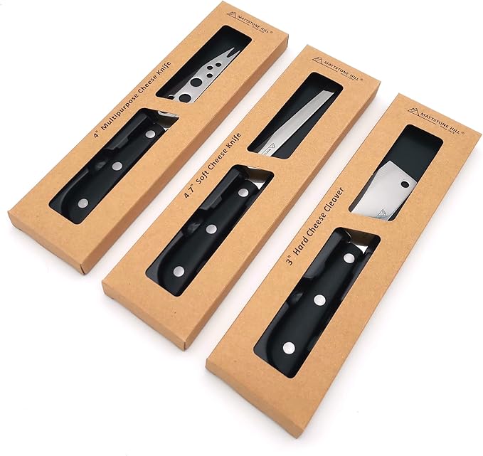 Cheese Knife Set, MATTSTONE HILL Cheese Knives - Soft & Semi Hard Cheese Knife, Soft Cheese Slicer, Cheese Cleaver, Premium Stainless Steel, Black Handle