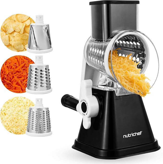 Nutrichef 3 in 1 Cheese Grater & Shredder | Strong Suction Base, Rotary Handle with Safety Lock | Includes Hand Crank & 3 Drum Blades for 3 Textures, Fine, Medium & Strips | Black