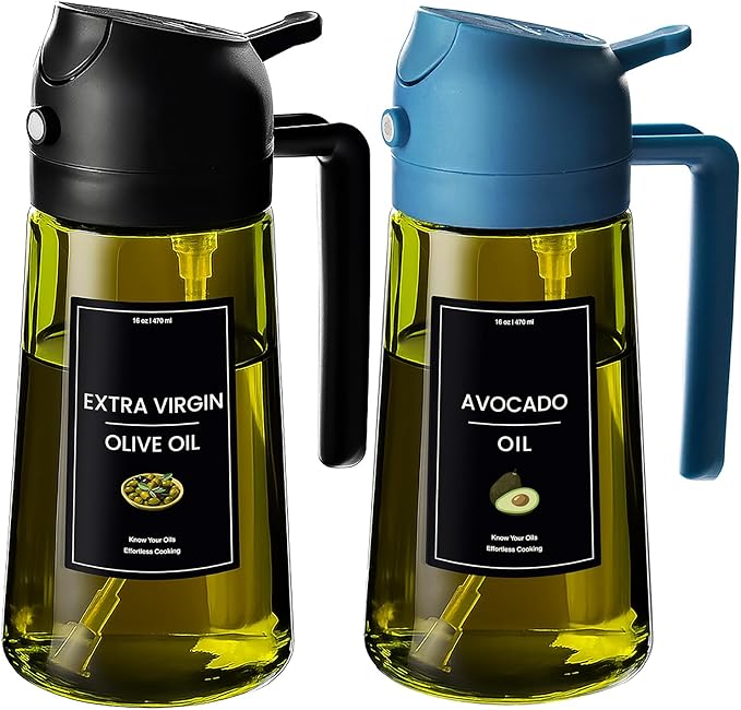 CXINYI - 16oz/470ml Olive Oil Dispenser for Kitchen with Stickers - 2 in 1 Olive Oil Sprayer for Cooking, Air Fryer, and Salad, Black&Blue (Light-Proof Kitchen Gadget)