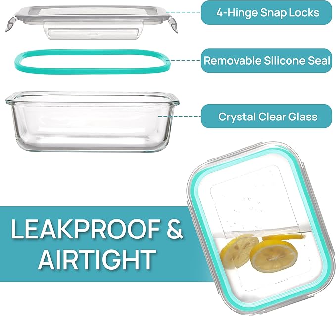 Vtopmart 5Pack 22oz Glass Storage Containers with Lids, Glass Meal Prep Food Container Sets with Snap Airtight Lids for Microwave, Oven, Freezer and Dishwasher, Green