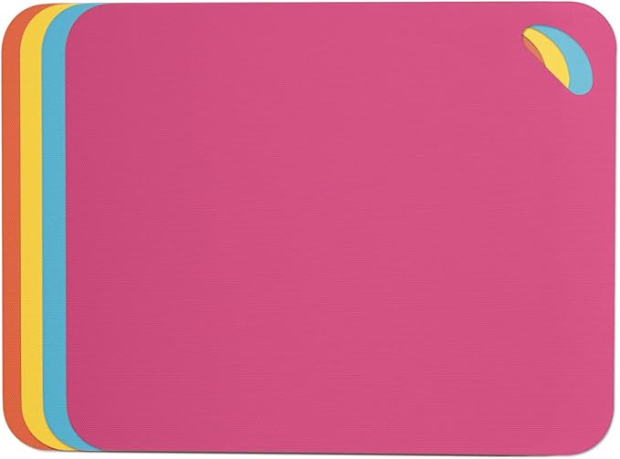 Dexas Heavy Duty Cutting Board Grippmat, Flexible Cutting Boards for Kitchen, Set of 4, Non Slip Plastic Board Cutting Mat 11.5 by 14 inches, Bright Blue, Yellow, Orange and Pink Set Kitchen Gadgets