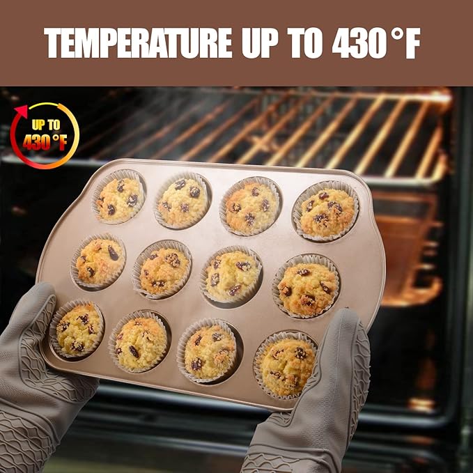 2 Pack Nonstick Muffin Pan Set, 12-Cup Heavy Duty Cupcake Baking Pan with Handles - PFOA-Free Muffin Tin, Rust Proof & Warp Resistant, Oven Safe 430°F (Gold)