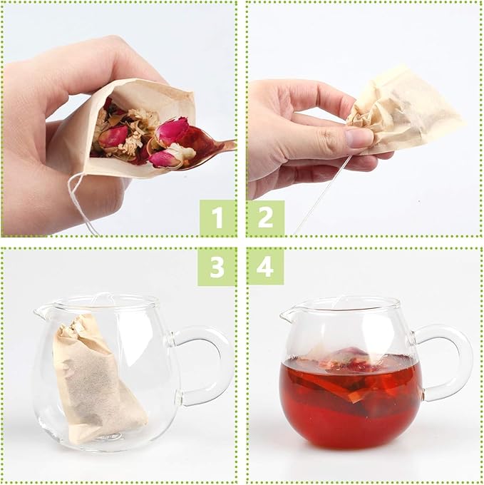 100Pcs Disposable Tea Bags for Loose Leaf Tea, 100% Natural Wood Pulp Paper Material, Empty Unbleached Filter Bags with Drawstring
