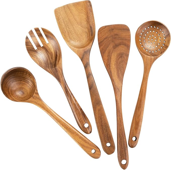 Wood Utensils Set for Cooking, Teak Wooden Utensils Set Wood Spatula for Nonstick Cookware Kitchen Utensils Set 5