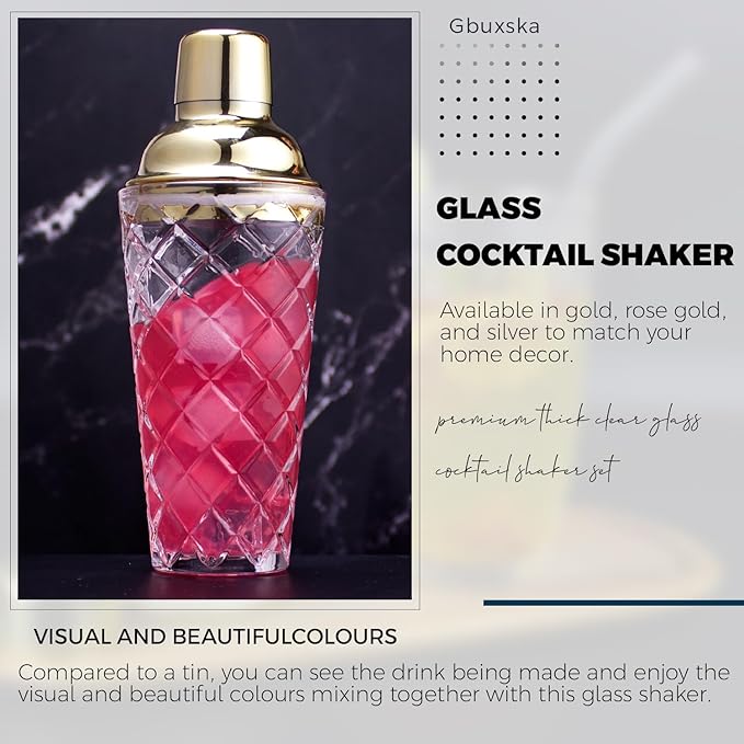 Glass Cocktail Shaker 14.2oz, Martini Shaker, Drink Shaker, Perfect for Handcrafted Cocktails, Martinis (Silver)